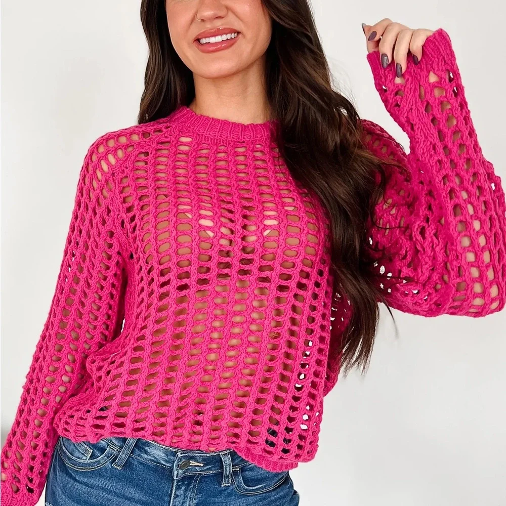 Urban‎ Outfitters Fuchsia Open-Knit Sweater